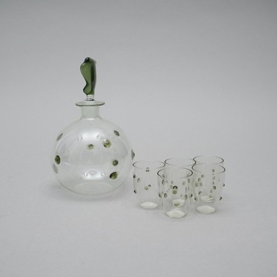 Jugendstil Likör Schnaps Karaffe + 5 Gläser sehr dünnes Glas grüne Punkte V.T4U