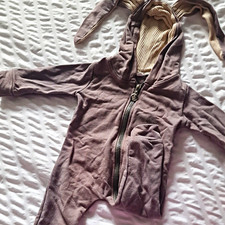 Grey Bunny Ear Zip Romper One-Piece Long Sleeve Unisex Baby 0-3 Months