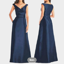 *957 Alfred Sung Off the Shoulder Satin Draped Wrap Gown Dress Sz 6
