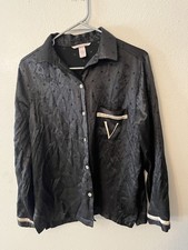 Victoria's Secret L/S Button Up Pajama Sleep Shirt Black Satin Embroidered "V" S