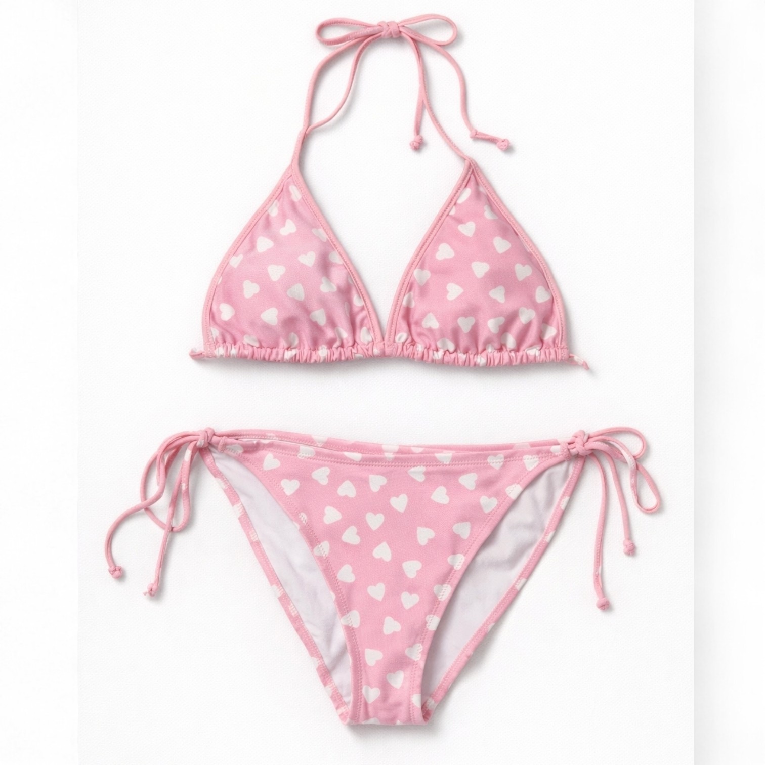 VTG 05 Victoria’s Secret Bikini Set Pastel Pink All Over White Hearts M