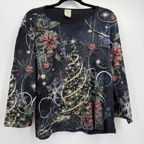 Jess & Jane Shirt Womens XL Black Christmas Joy Tree Poinsettia Holiday USA