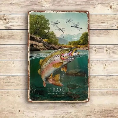 Unique Vintage Tin Metal Signs Home Décor 8x12 Trout Wall Rustic Iron HD Printed