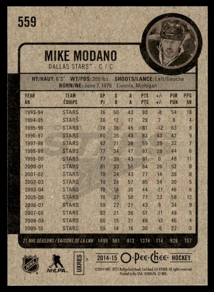 2014-15 O-Pee-Chee MARQUEE LEGEND Mike Modano Dallas Stars #559 - Image 2 of 2