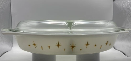 Vintage Pyrex 1 1/2 Qt Gold Constellation Starburst Divided Casserole Dish & Lid