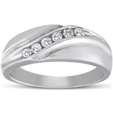 Mens 14K White Gold 1/4ct Diamond Wedding Ring High Polished Smooth Band