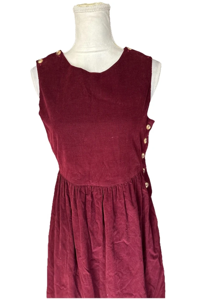 Vestido Jersey De Colección Lands' End Rojo Pana Delantal Botón Lateral Midi Talla S/M Foto 4 de 4