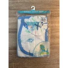 Vintage Terry Products Baby Gift Set Towel Washcloth Drool Bib Blue White