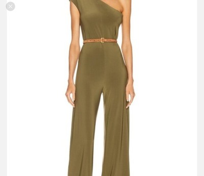 Norma Kamali Olive One-Shoulder Wide-Leg Jumpsuit with Tan Belt Size L