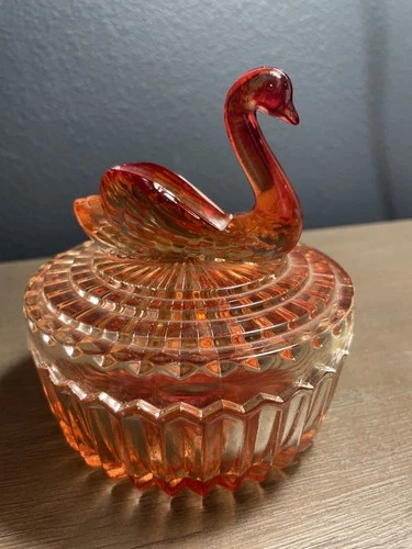 Vintage Jeanette Glass Amberina Glass Swan Candy Dish w/ Lid Ombre Red / Yellow