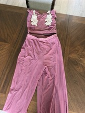 Women  s Weissman Pink Chiffon 2-Piece Dance Outfit Lace Applique Crop Top