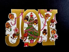 1 VTG Unused Xmas Greeting Card Adorable Angels Having Fun Trimming The JOY Tree