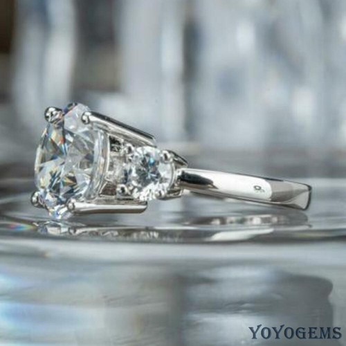 Moissanite Three Stone Engagement Ring 3 CT Round Cut VVS1 Solid 14K White Gold - Picture 3 of 8
