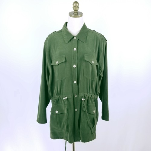 DENIM & CO. Utility Jacket Plus Size 1X Green Button Up Pockets Safari Stye