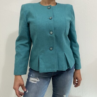 Oui Petites Kan Jay Women s 8 Vintage Teal Wool Blend Button Up Blazer Jacket