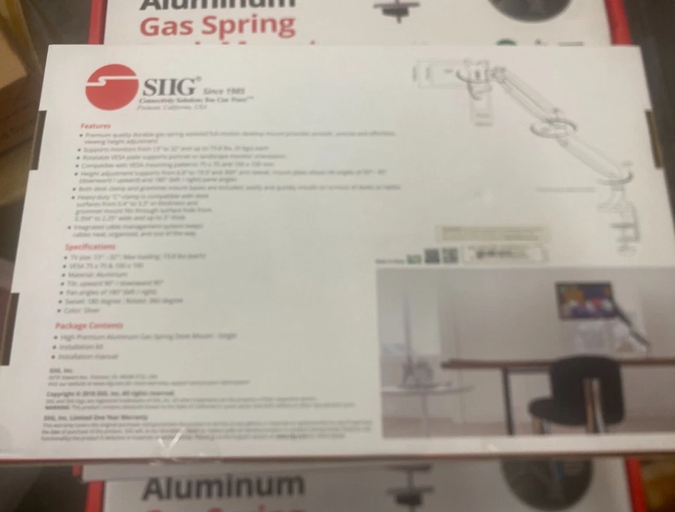 Siig Aluminum Gas Spring Single Monitor 13-32" Desk Mount CE-MT2D12-S1 Silver - Image 4 of 4