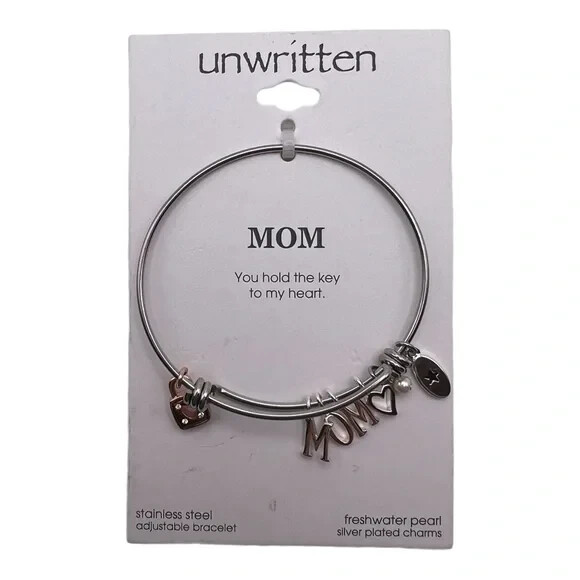Unwritten Mom Adjustable Bangle Bracelet Stainless Steel w/ Silver Plated  Charms