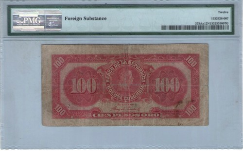 COLOMBIA BANCONOTA REPUBBLICA $100 ORO 1928 PICK# 375 Aa PMG F 12 - Foto 2 di 2