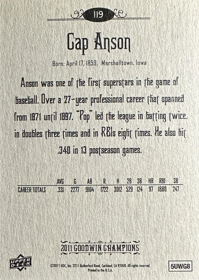 Toploader de béisbol 2011 Upper Deck Goodwin Champions #119 Cap Anson Foto 3 de 4