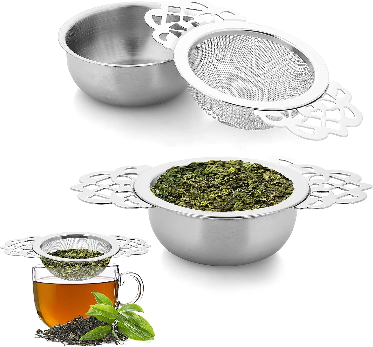 2 Pack Stainless Steel Fine Mesh Tea Strainers with Bowl for Loose Tea