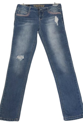 Vigoss Sz 12 Girls The Jagger Skinny Blue Jeans Distressed Cats Embroidery N Oth - Picture 8 of 12
