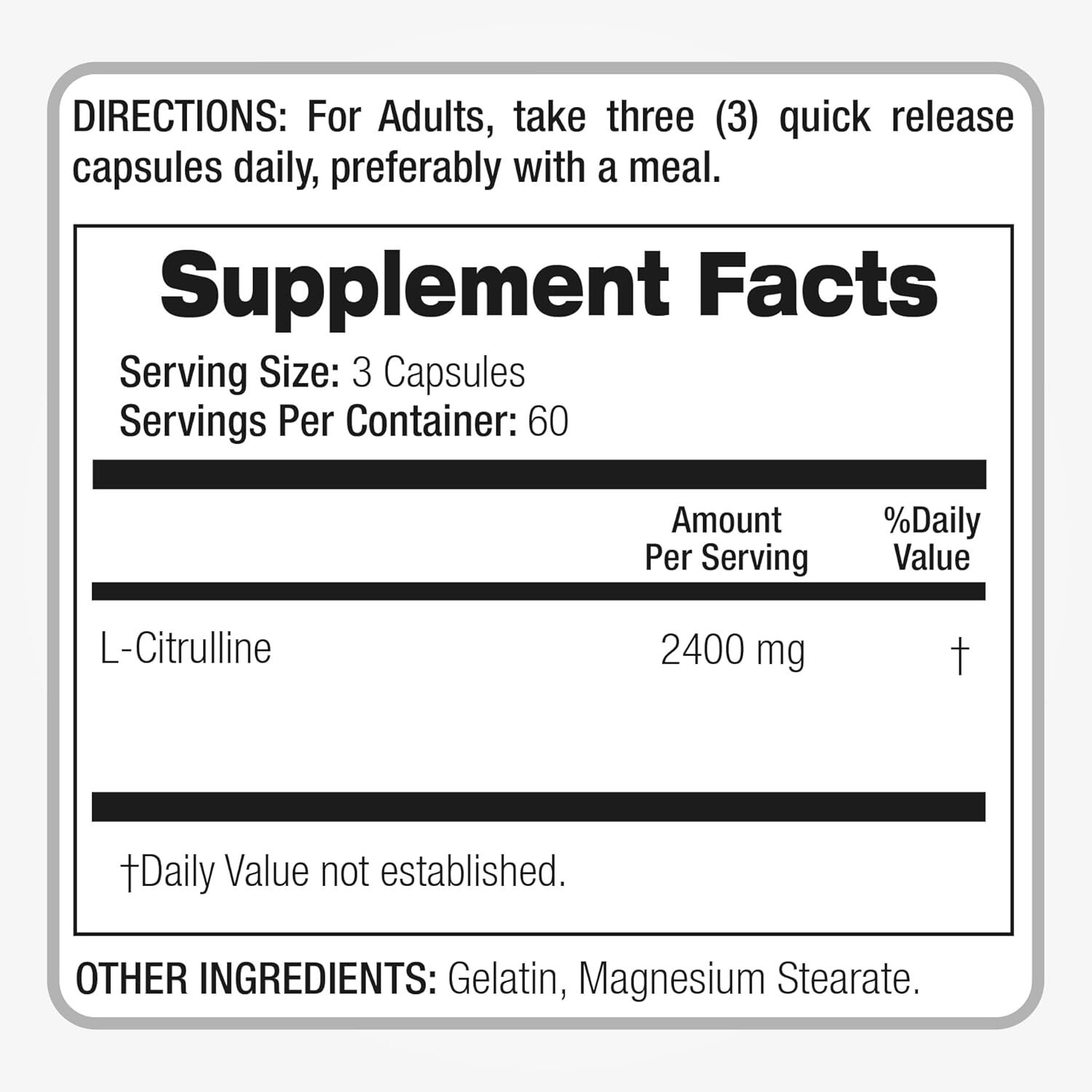 L-Citrulline 2400mg 180 Capsules Amino Acid Free Form Optimal Absorption