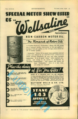 Wellsaline Oil  Advert Autocar Olympia Motor Show Guide 1936 Original   