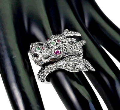 RUBY, SAPPHIRE, EMERALD & MARCASITE DRAGON RING  .925 STERLING SILVER SZ 7