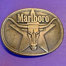 Vintage Marlboro Longhorn Oval Belt Buckle Solid Brass 1987 Philip Morris Cowboy