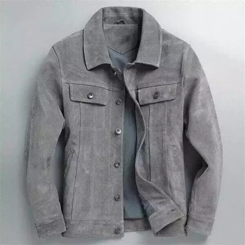 Men's Shirt Trucker Denim Genuine Lambskin Suede Leather Jacket