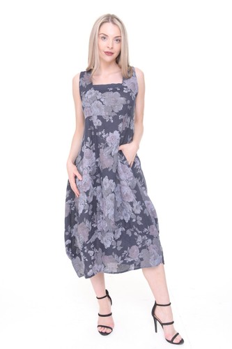 Damen Italienische Lagenlook Blumenmuster Ärmellos 2 Taschen Leinen Tunika Langes Kleid - Bild 8 von 50