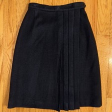 Vintage 100 Cashmere Navy Blue Pleated Knee Length Wrap Skirt 25  waist