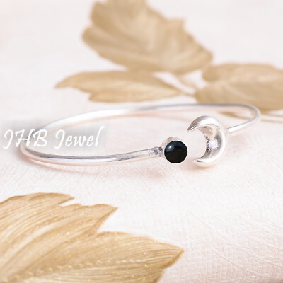Black Onyx Round Gemstone 925 Sterling Silver Bangle Cuff Exclusive Design Gift