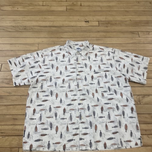 Old Navy Camp Button Shirt Men L Geometric Fish Cream Orange Print Point Collar - Picture 15 of 21