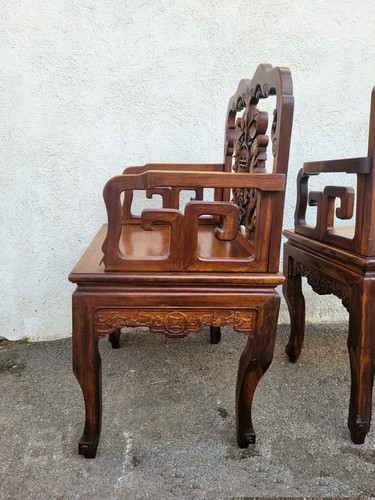 Paire De Fauteuils En Bois Sculpté, Chine, Fin XIXème Début XXème Siècle - Picture 8 of 14