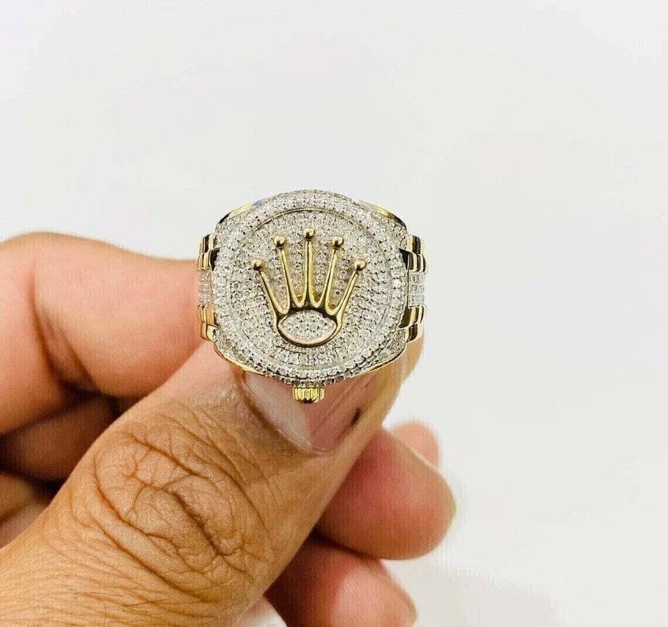 4 Ct Round Cut Real Moissanite Crown Hip Hop Men's Ring 14K Yellow Gold Plated - Image 3 of 4