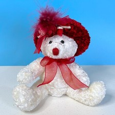 Vintage Dan Dee Red Hat w/Roses White Teddy Bear 8" Plush Stuffed Animal Toy
