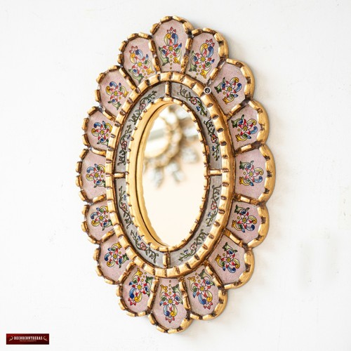 Peruvian Painted glass oval mirror wall art decor | Pink Wall Hanging oval mirro - Picture 2 of 8