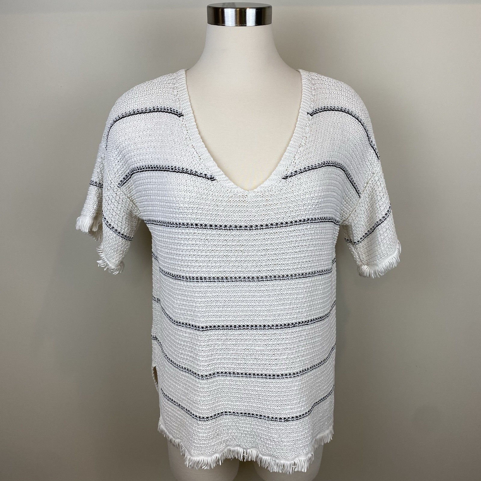 Lou & Grey Fringe Short Sleeve Pull Over Open Knit Striped Sweater Size S Cream