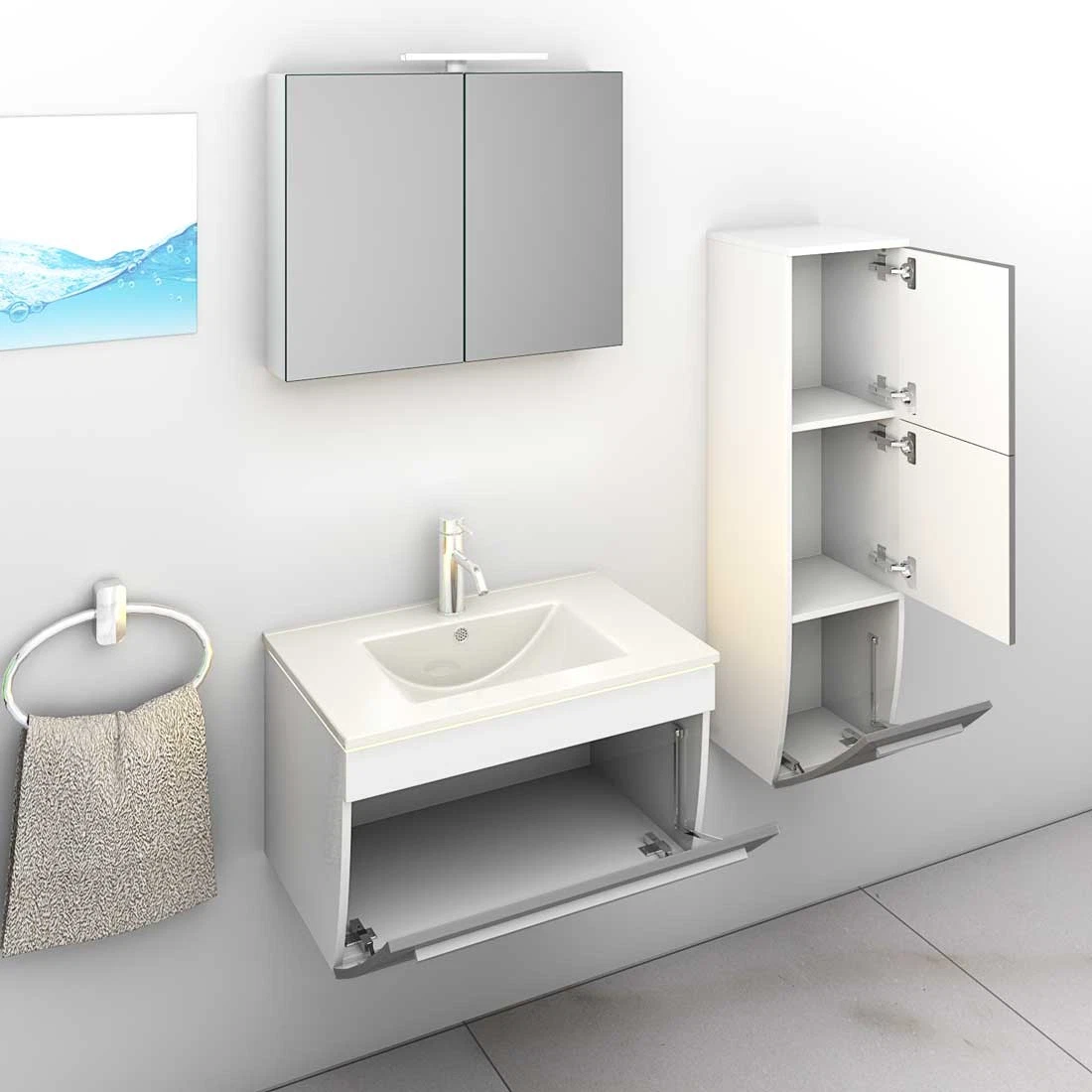 Badmöbel Set Gently 3 V2-R Weiß/Grau Badezimmermöbel Badspiegel Waschtisch 70 cm