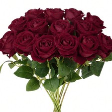 10 Pcs Artificial Burgundy Velvet Rose Flowers Long Stem Fake Roses Bouquet DIY