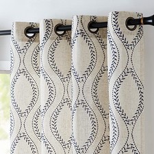 Boho Linen Blend Beige Farmhouse Curtains 84 50"W x 84"L Pack of 2 Vine Blue