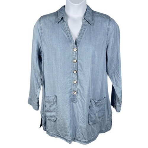Soft Surroundings Alee Tencel Lyocell Chambray Tunic Top Pockets XLP Minimalist - Picture 2 of 12