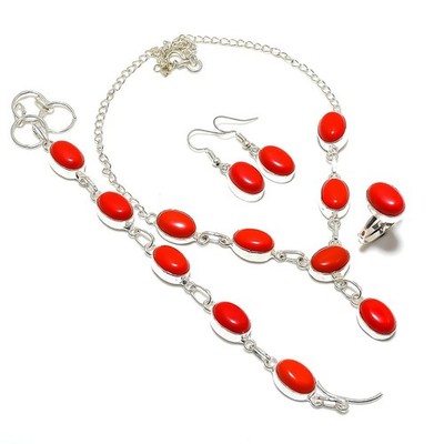 Natural Coral Gemstone Handmade 925 Sterling Silver Jewelry Set Gift p194