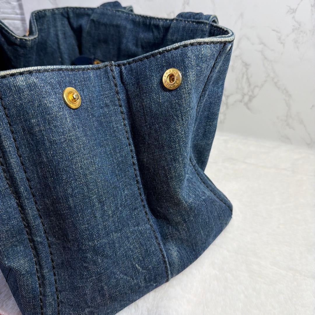 PRADA Canapa Tote Bag Blue Denim Gold Hardware Women Authentic