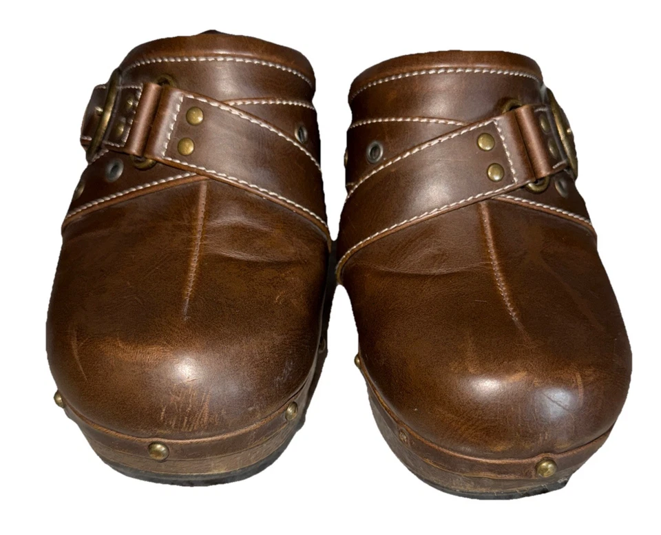 VTG Bongo Y2K 90s Women’s 8.5 M Brown Studded Buckle Platform Clogs Maegan Read - Image 2 of 4