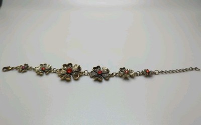 VTG Orange Rhinestone Flower Bracelet Signed Pilgrim Gold Tone Adjustable C8