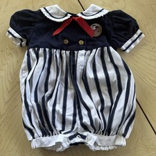 Vintage RARE Bubble Romper Sailor Navy White Stripe Anchor USA 3-6 months