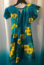 Girl's African Wax Cloth Ankara Dress No Size - See Measurements Teal Yellow