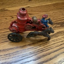 Cast Iron Fireman Fire Pumper Wagon Horse Drawn Fire Truck Toy Vintage As Found